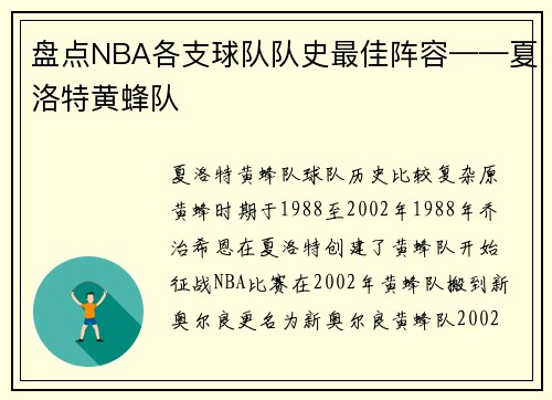盘点NBA各支球队队史最佳阵容——夏洛特黄蜂队